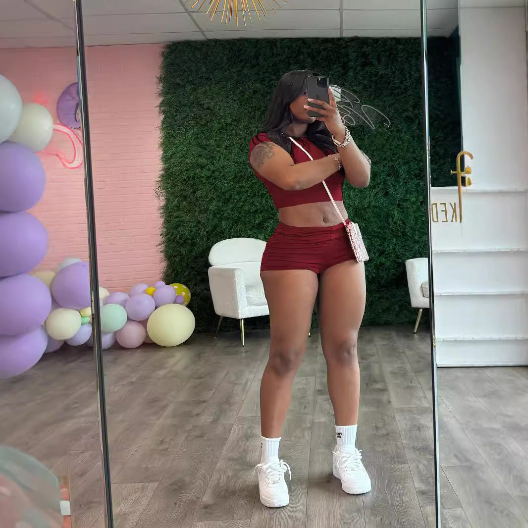 Women Summer Solid Crop Top Shorts Two-Piece Set 10