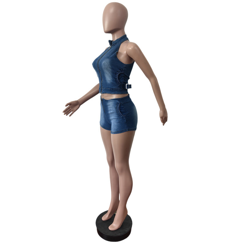 Women Denim zipper Top and shorts Two Piece Set 4