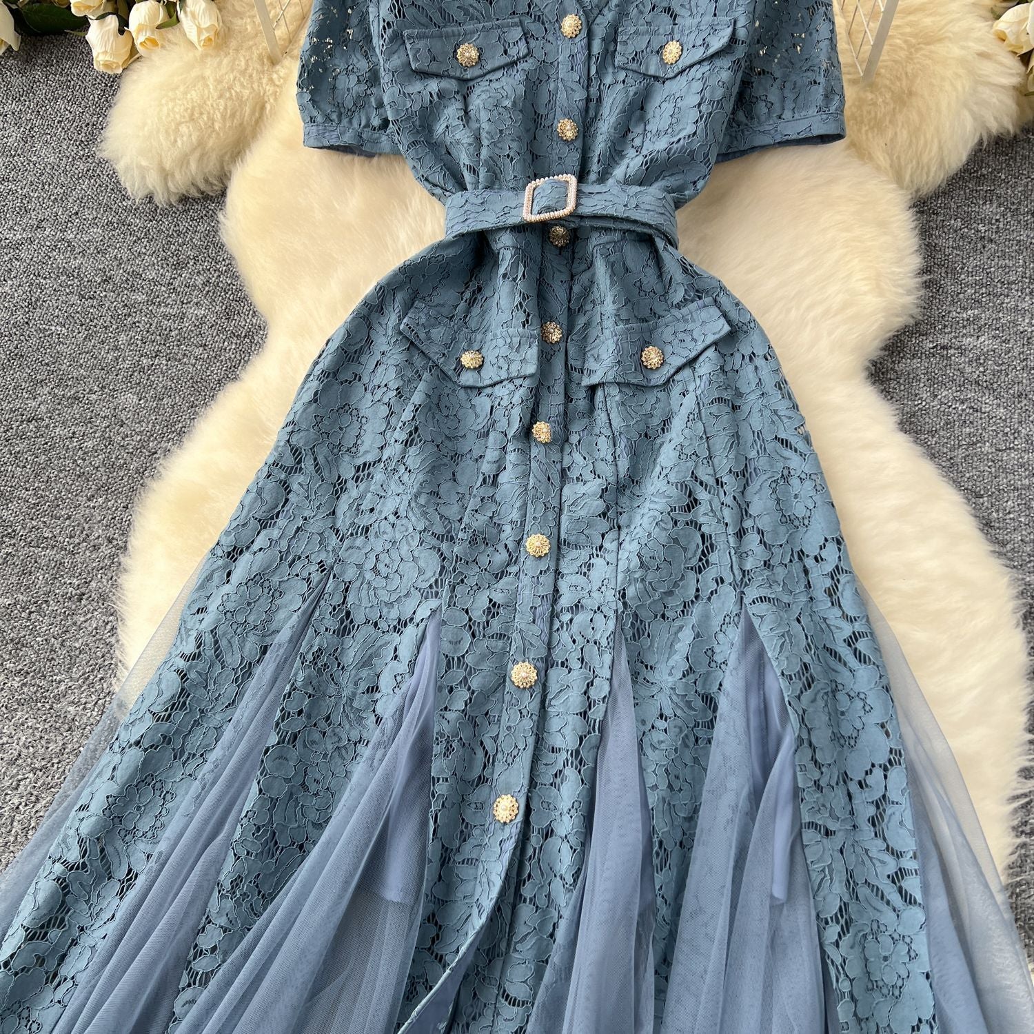 Women French V-Neck Metal Buttoned Mesh Patchwork Lace Ruffle Dress 19