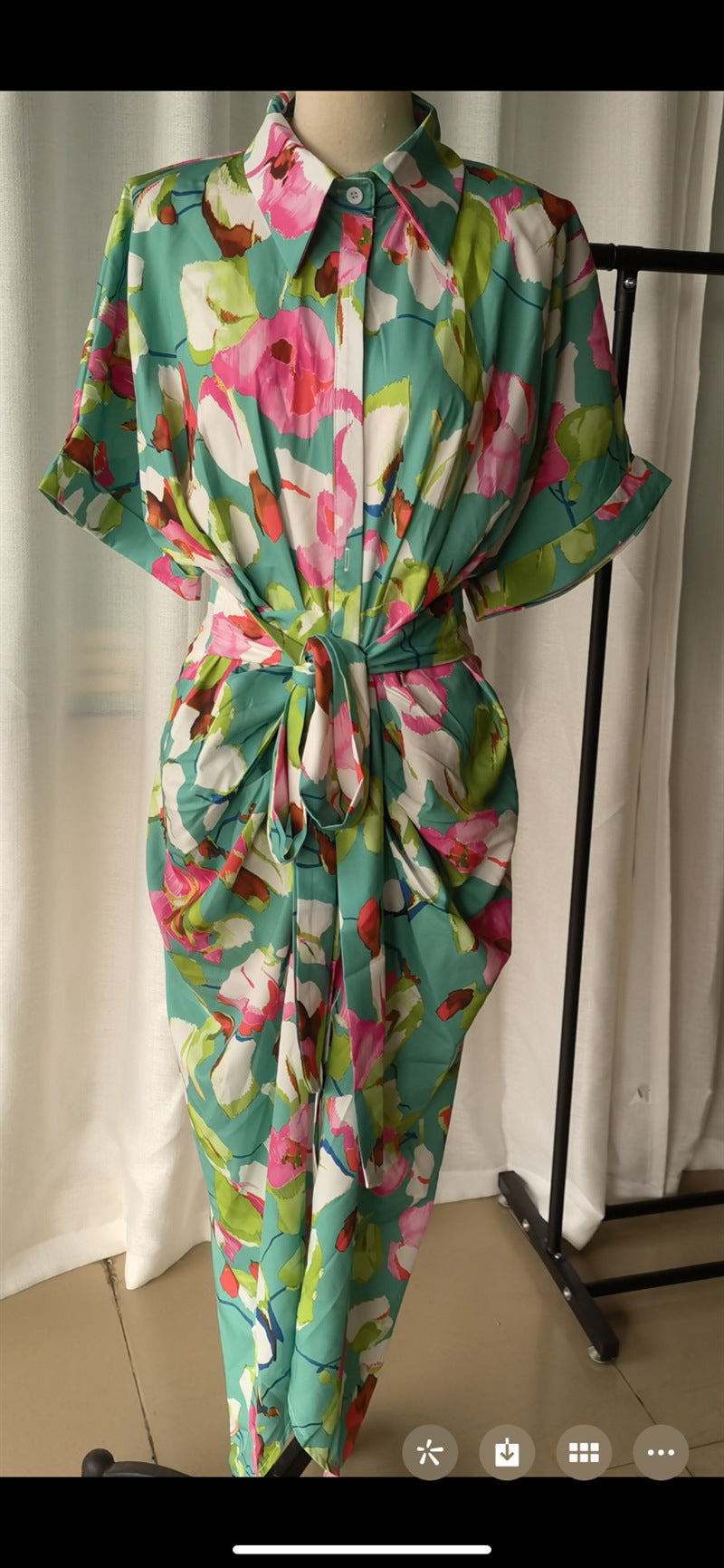 Women Loose Printed Strappy Irregular Button Shirt Casual Dress 9