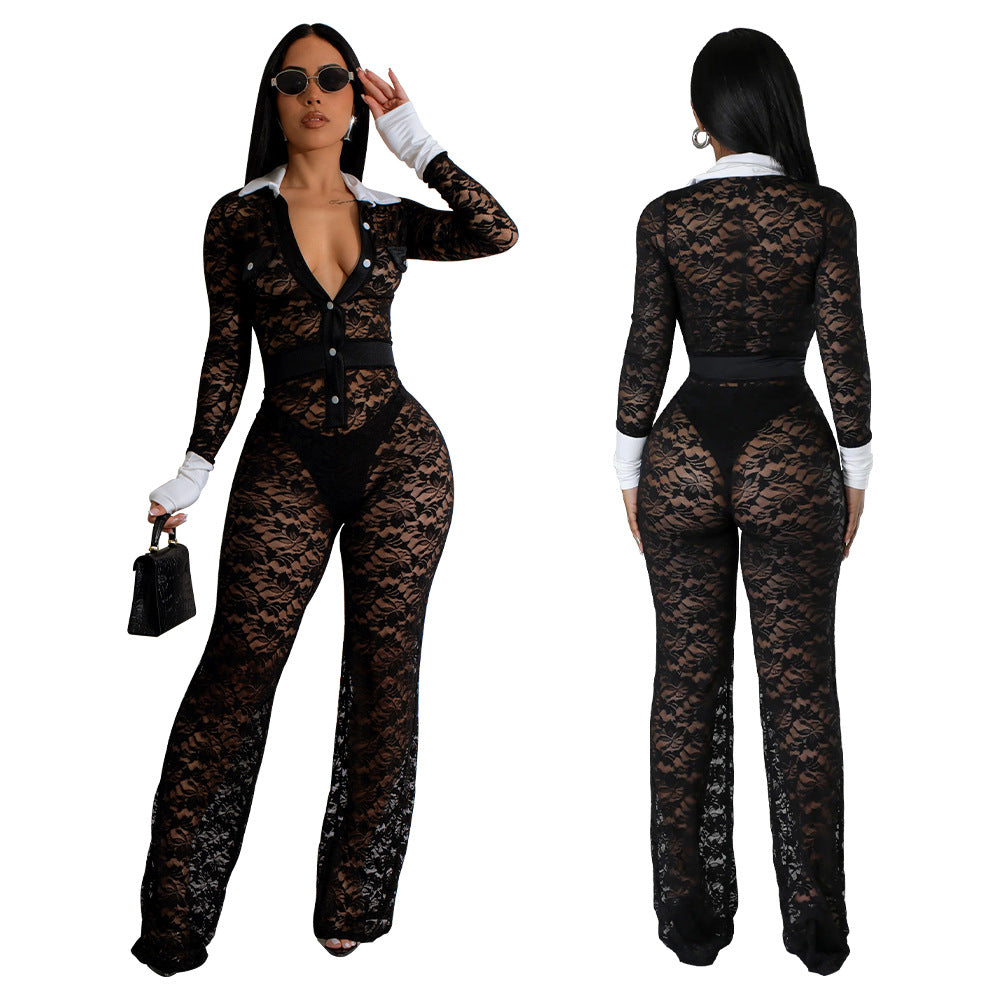 Women Lace Patchwork Long Sleeve Jumpsuit 6