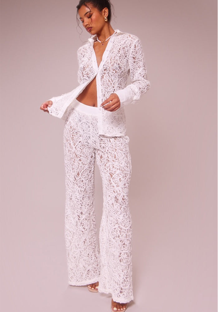 Autumn Slim Sexy Hollow Jacquard Lace Two Piece Pants Set