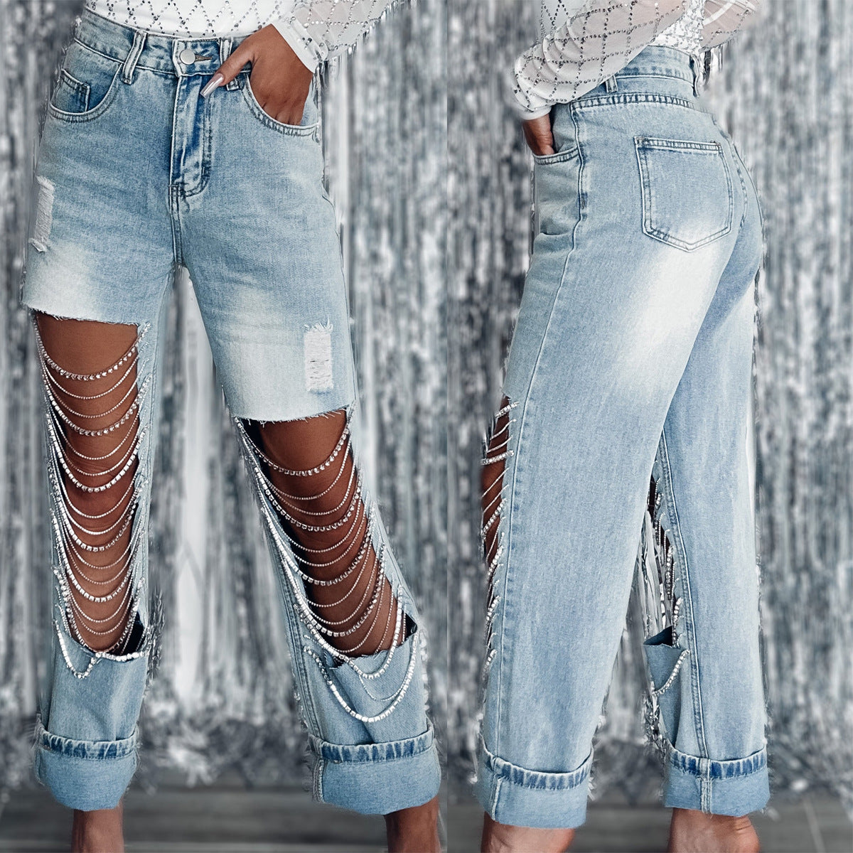 Spring Women's Chain Ripped Denim Pants
