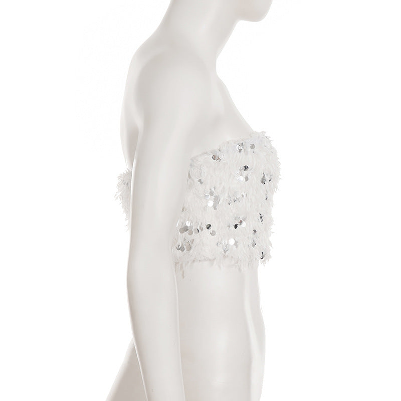 Women Sexy White Sequined Fur Patchwork Strapless Top and Shorts Two-Piece Set 9