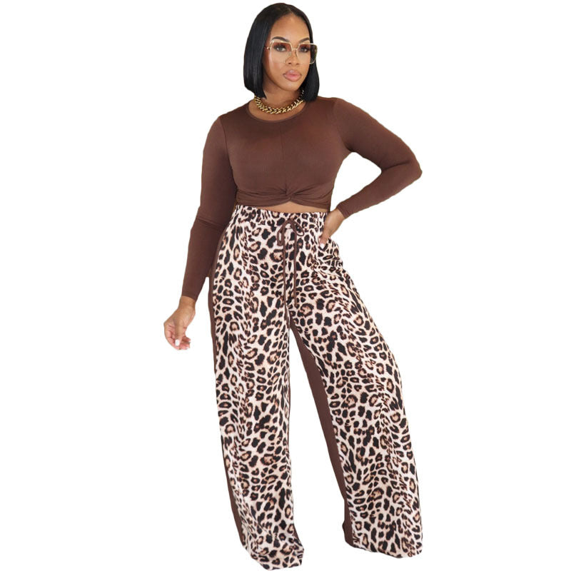 Women's Leopard Print Top Fashion Wide-Leg Long Pants Two-Piece Set 3