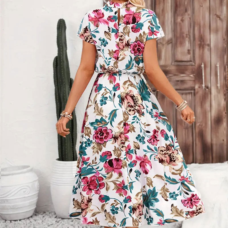 Women's Flower Print Loose Stand Collar Short Sleeve Spring and Summer Midi SDress 4