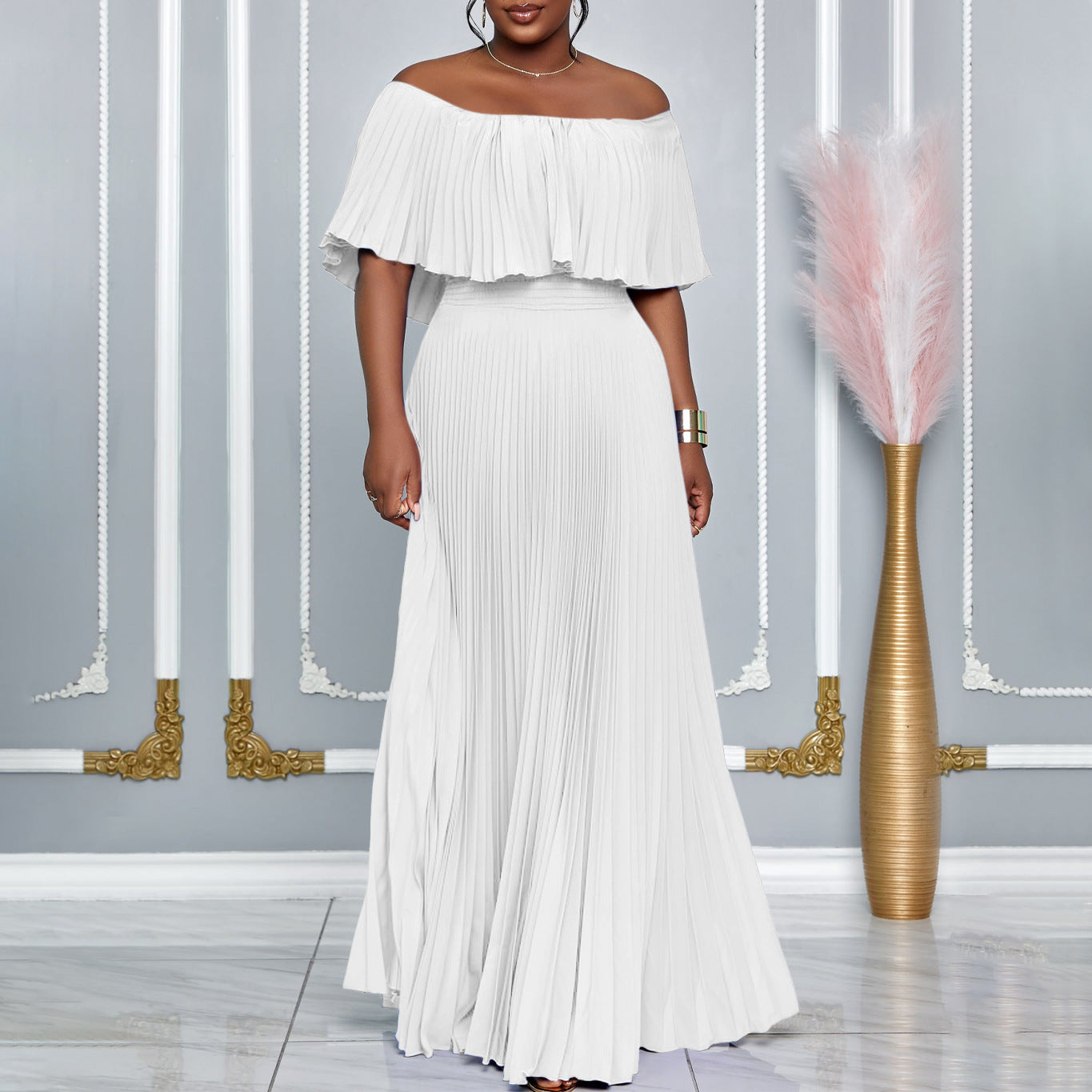 Women Sexy Off Shoulder Off Shoulder Pleated Maxi Dress 6