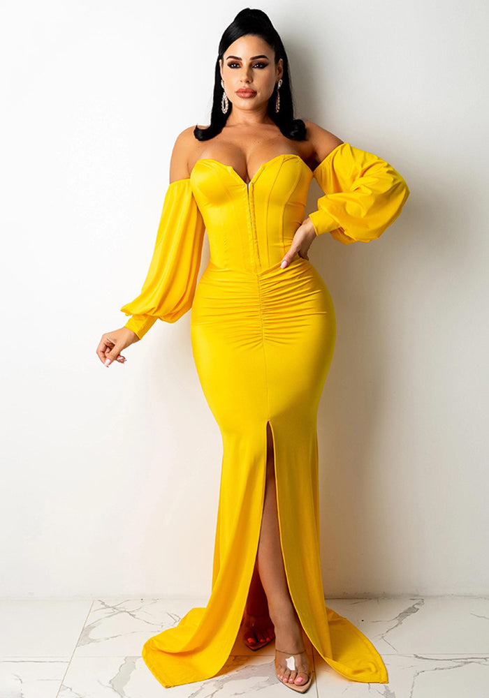 Women Solid Corset Sexy Long Sleeve Slit Party Dress