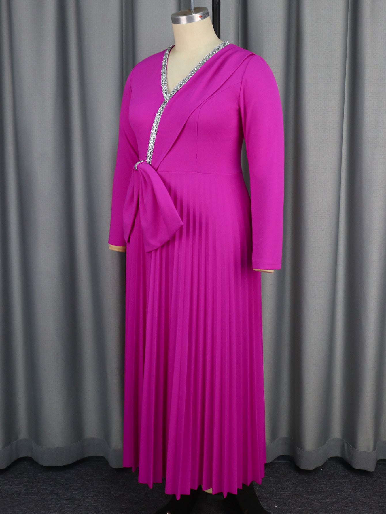 Women autumn and winter diamond v-neck bow party formal party pleated dress 11