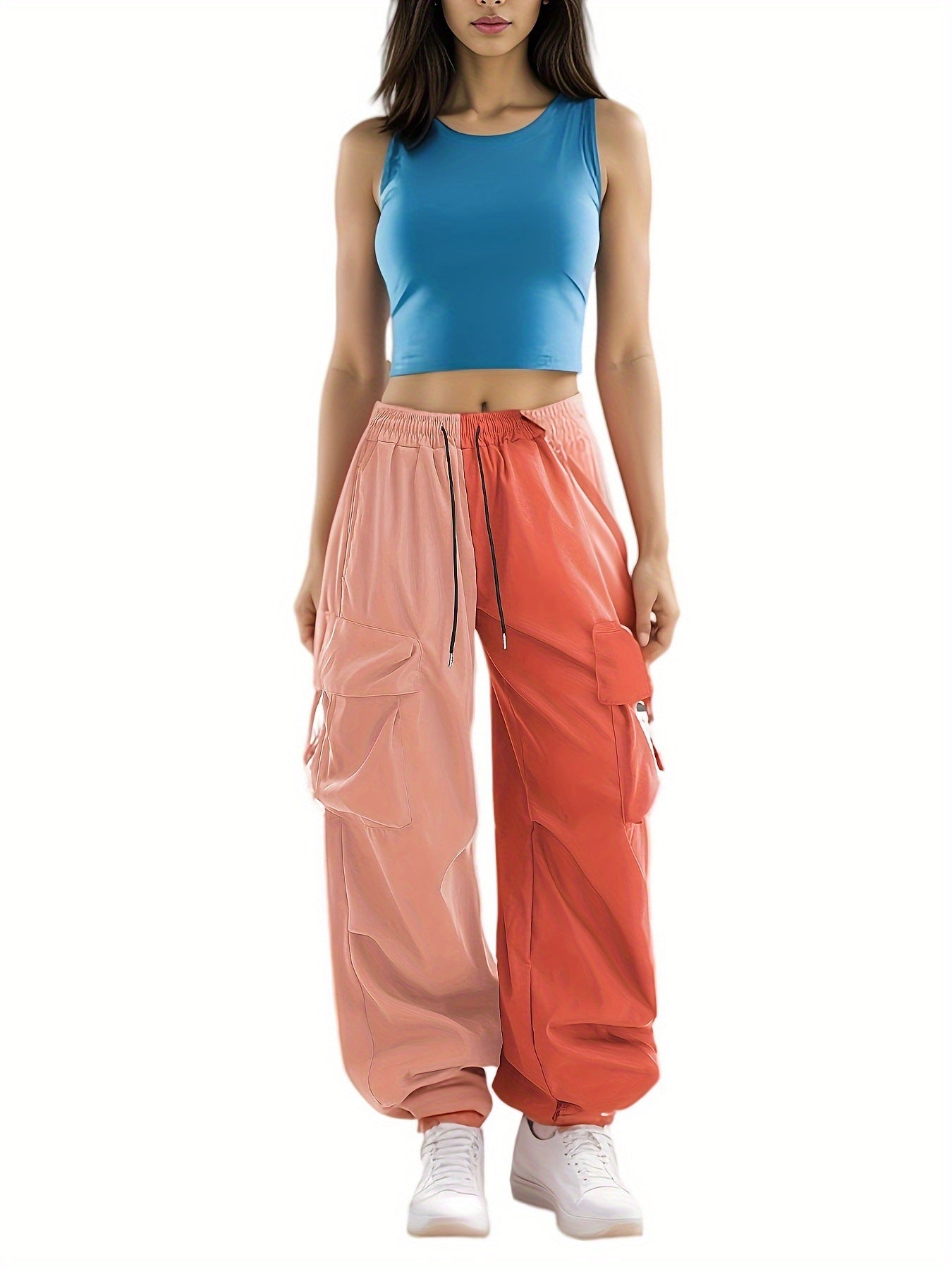 American Contrast Color Loose Wide Leg Cargo Pants Hip Hop Color Matching Fashion Casual Sports Trousers for Women 10