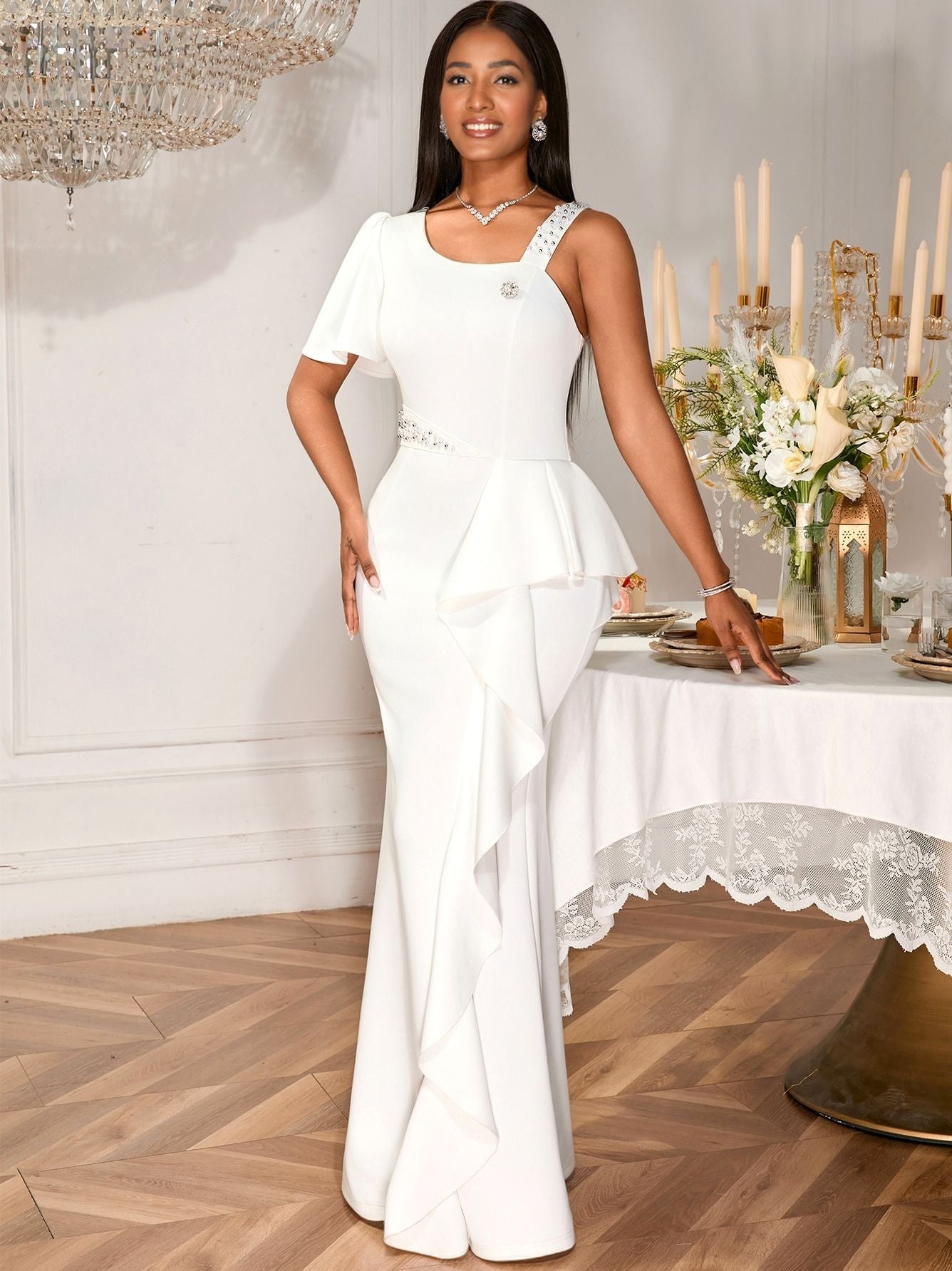 One-Shoulder Beaded Party Dress Chic Formal Bodycon Maxi Gown 4