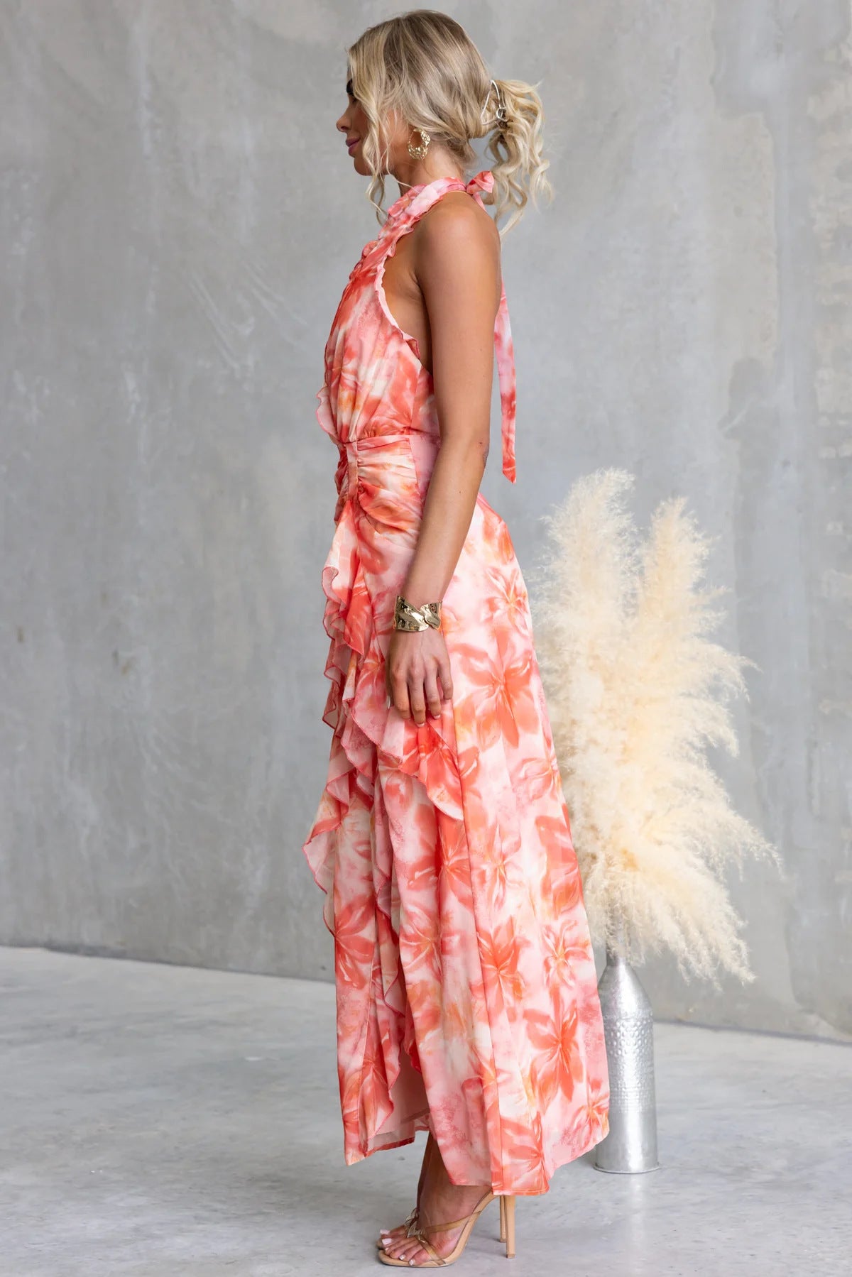 Women Printed Sexy V-Neck Backless Halter Neck Patchwork Ruffle Edge Dress 4