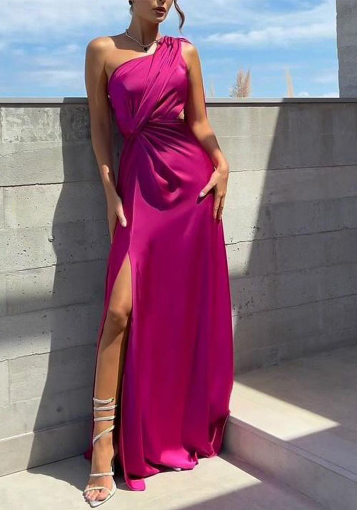 Sexy Women's One-Shoulder Gathered Slit Satin Dress