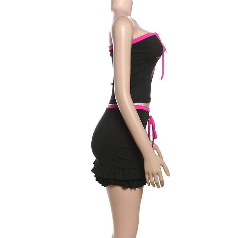 Women's Sexy Contrast Color Star Print Lace-Up Strapless Vest Mini Skirt Set 7