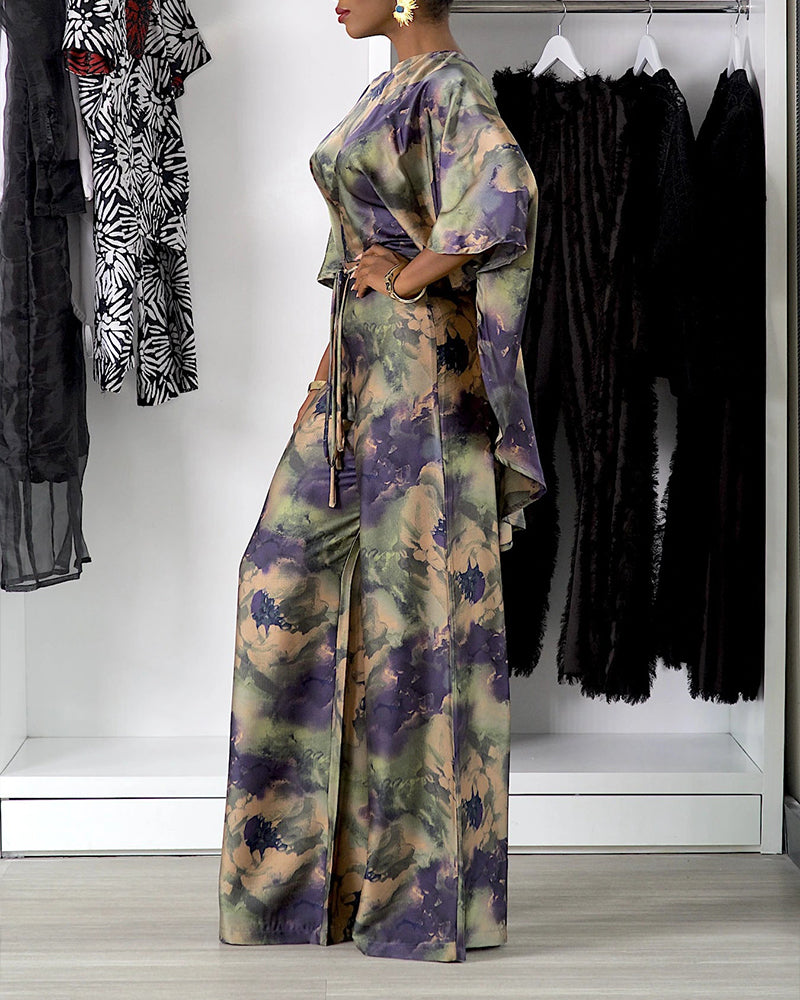 Women Smudge Print Waist Tie Top and Long Pants Two-Piece Set 3