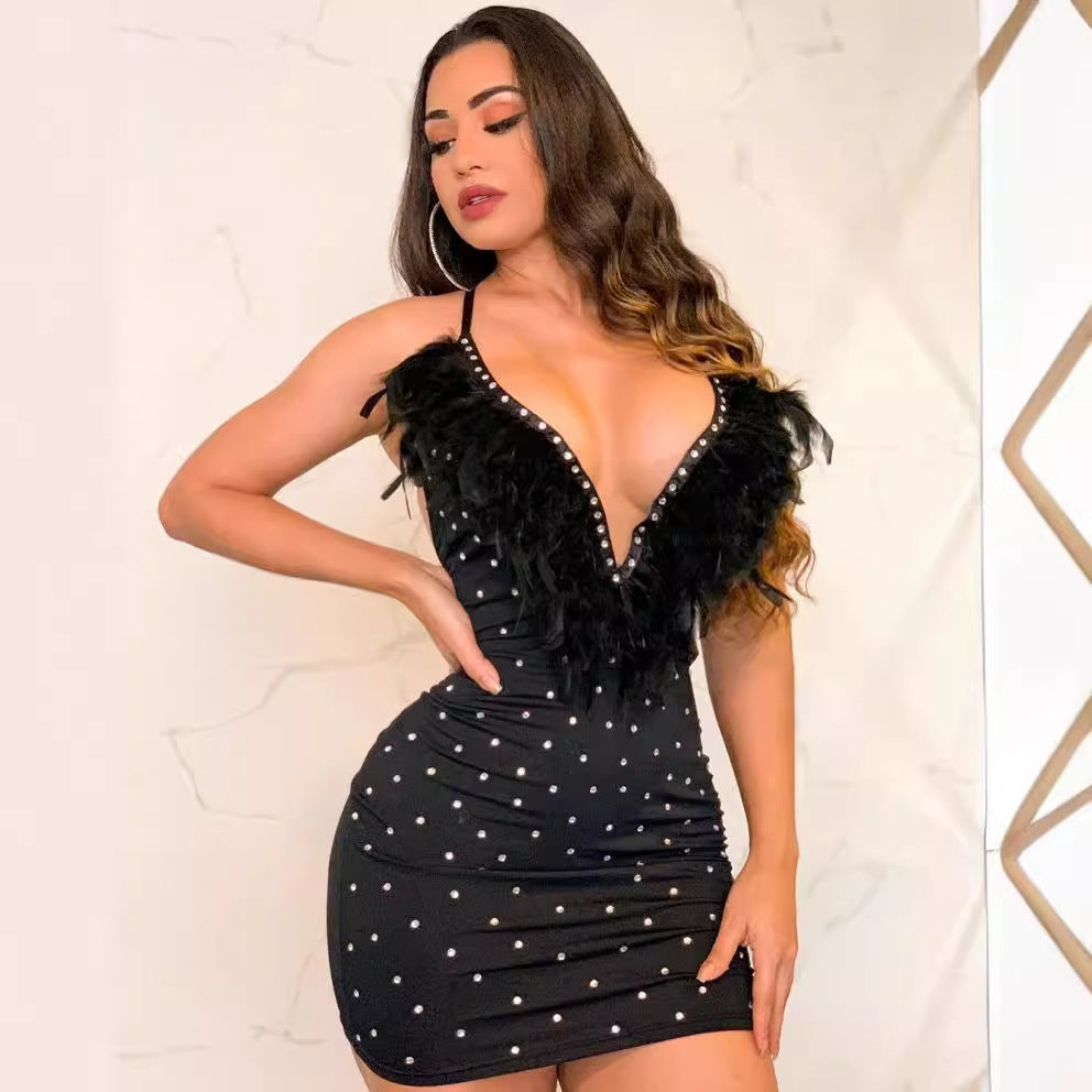 Women Sexy Beaded Feather V-Neck Backless Bodycon Dress