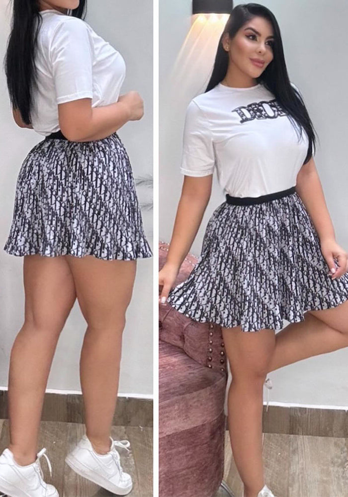 Summer Fashion Casual Short Sleeve T-shirt Pleated Skirt Sexy Two-Piece Set