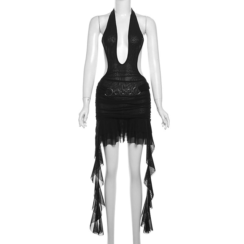 Summer Ruffle Sexy Slim See-Through Mesh Low Back Halter Neck Slim Dress 6