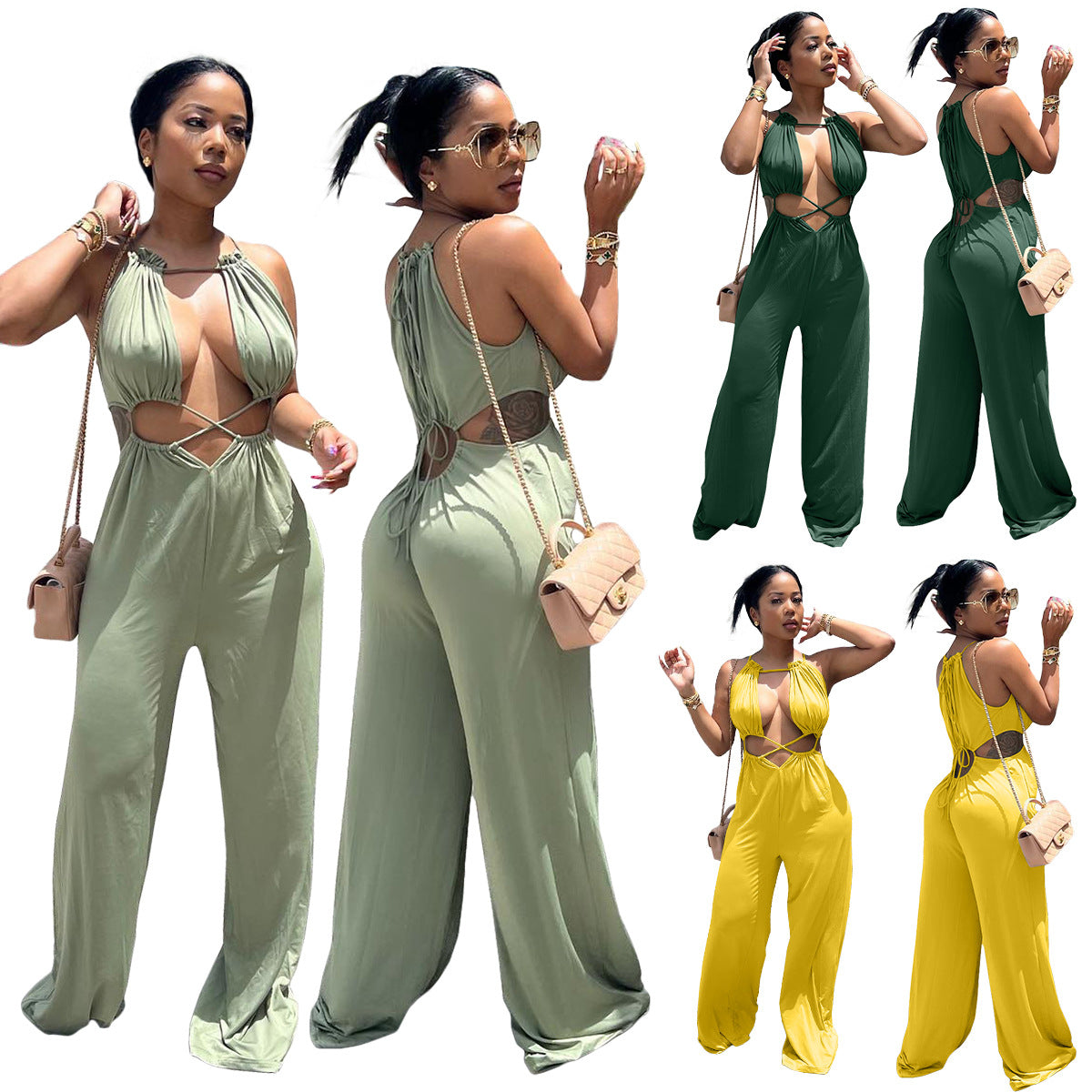 Fashion Sexy Irregular Lace-Up Wrap Chest Loose Wide Leg Jumpsuit 5