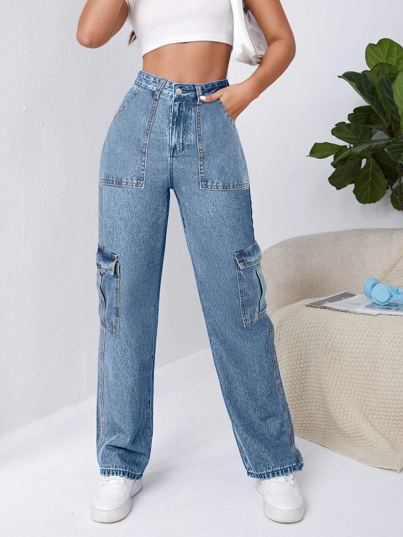 Women Fashion Style Denim Straight Cargo Pants Casual Jeans 6