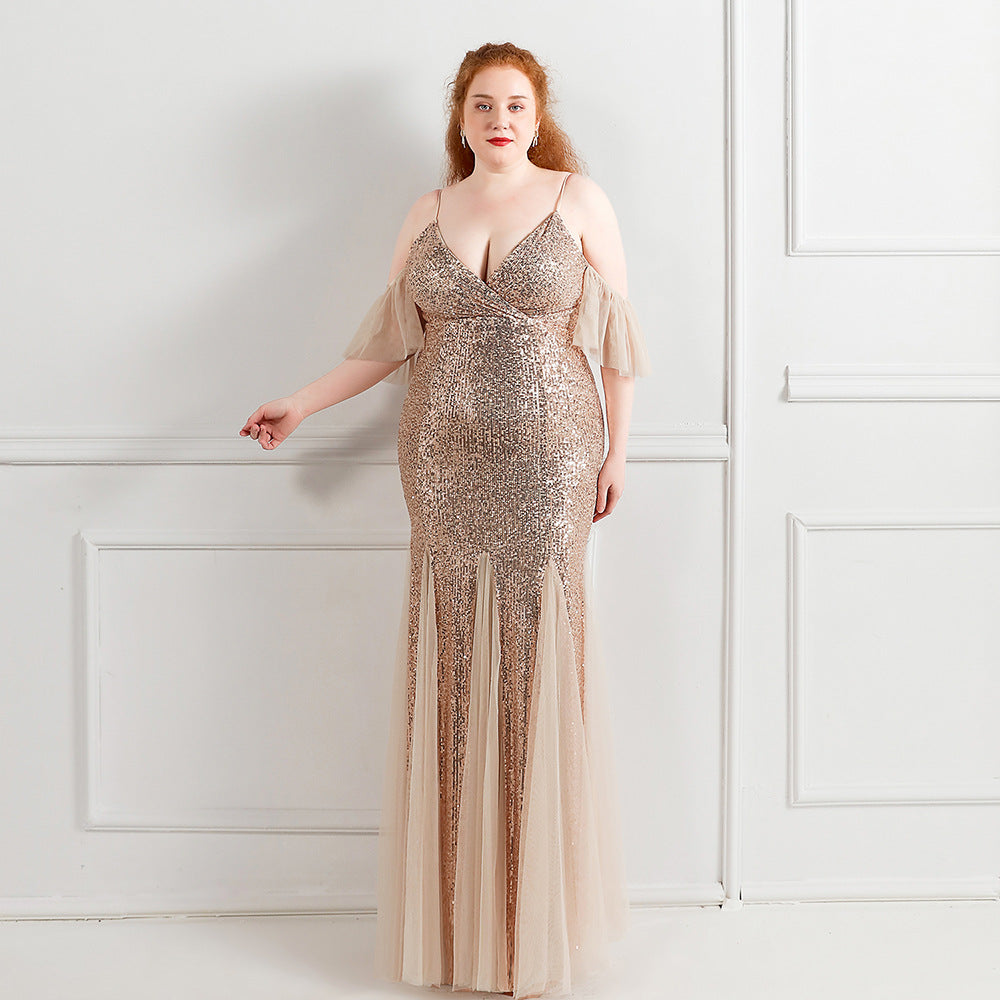 Elegant Straps V-Neck Solid Sequin Plus Size Beauty Long Formal Party Evening Dress 5