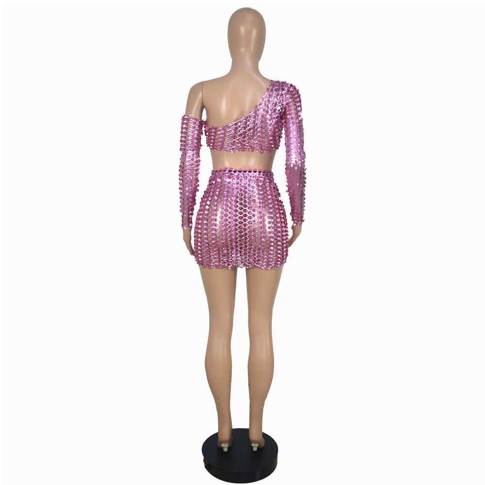 Women Sexy Mesh Hollow Hollow Long Sleeve Crop Top + Skirt Two Piece Set 13