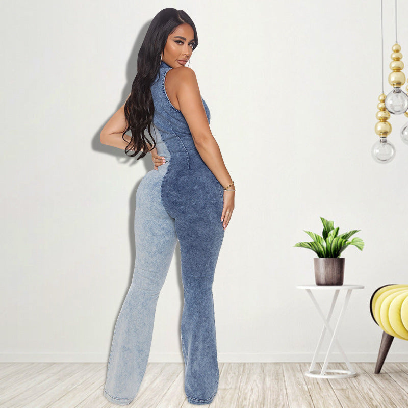 Plus Size Women's Fall Color Block Wash Sexy Denim Jumpsuit 4