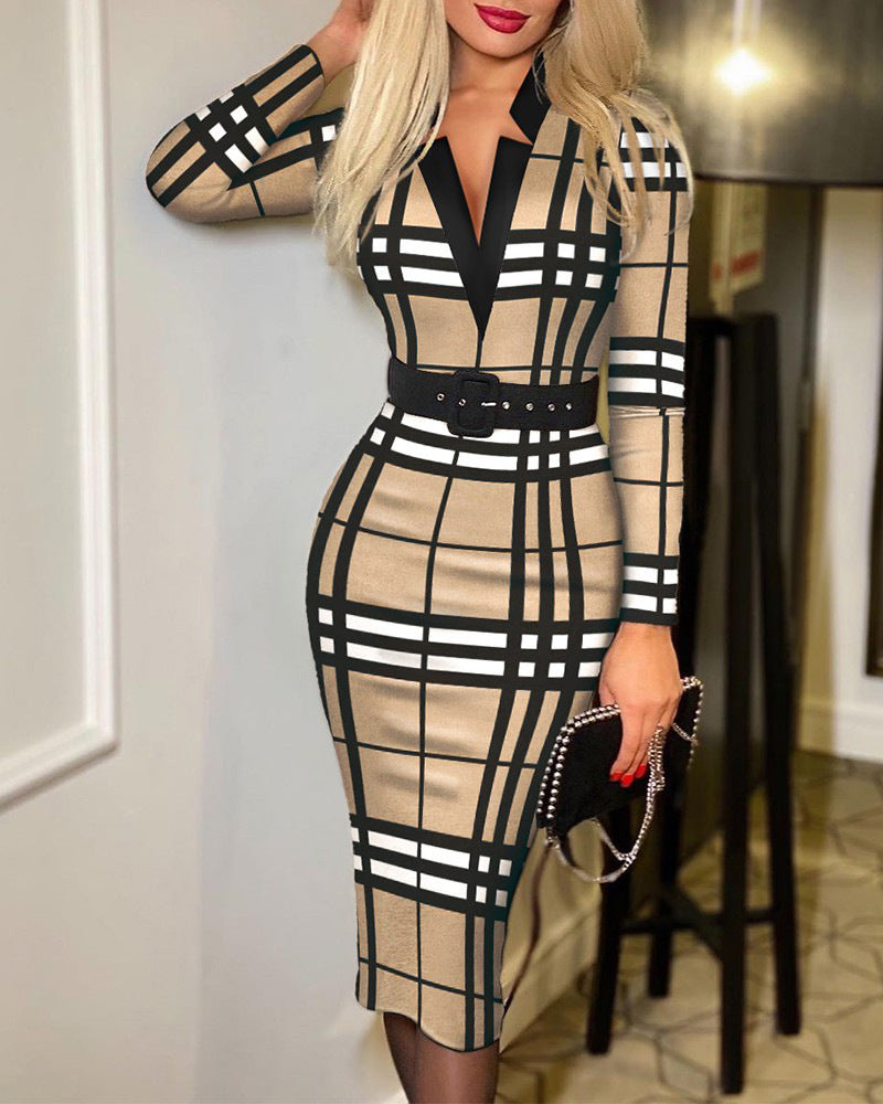 Autumn and winter fashion Plaid Print V-neck Bodycon long-sleeved sexy dress 4