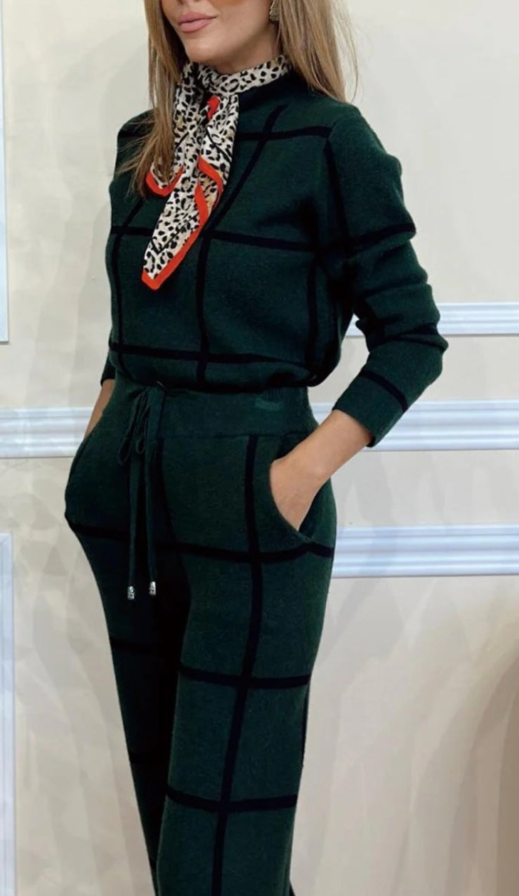 Women Casual Long Sleeve Plaid Print Top and Drawstring Wide Leg Pants Two Piece Set 8