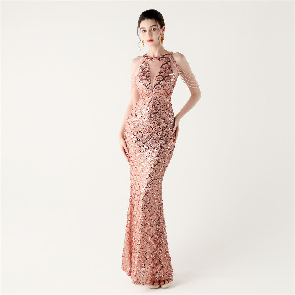 Sequin Fishtail Evening Dress Halter Neck Off-Shoulder Party Gown 15