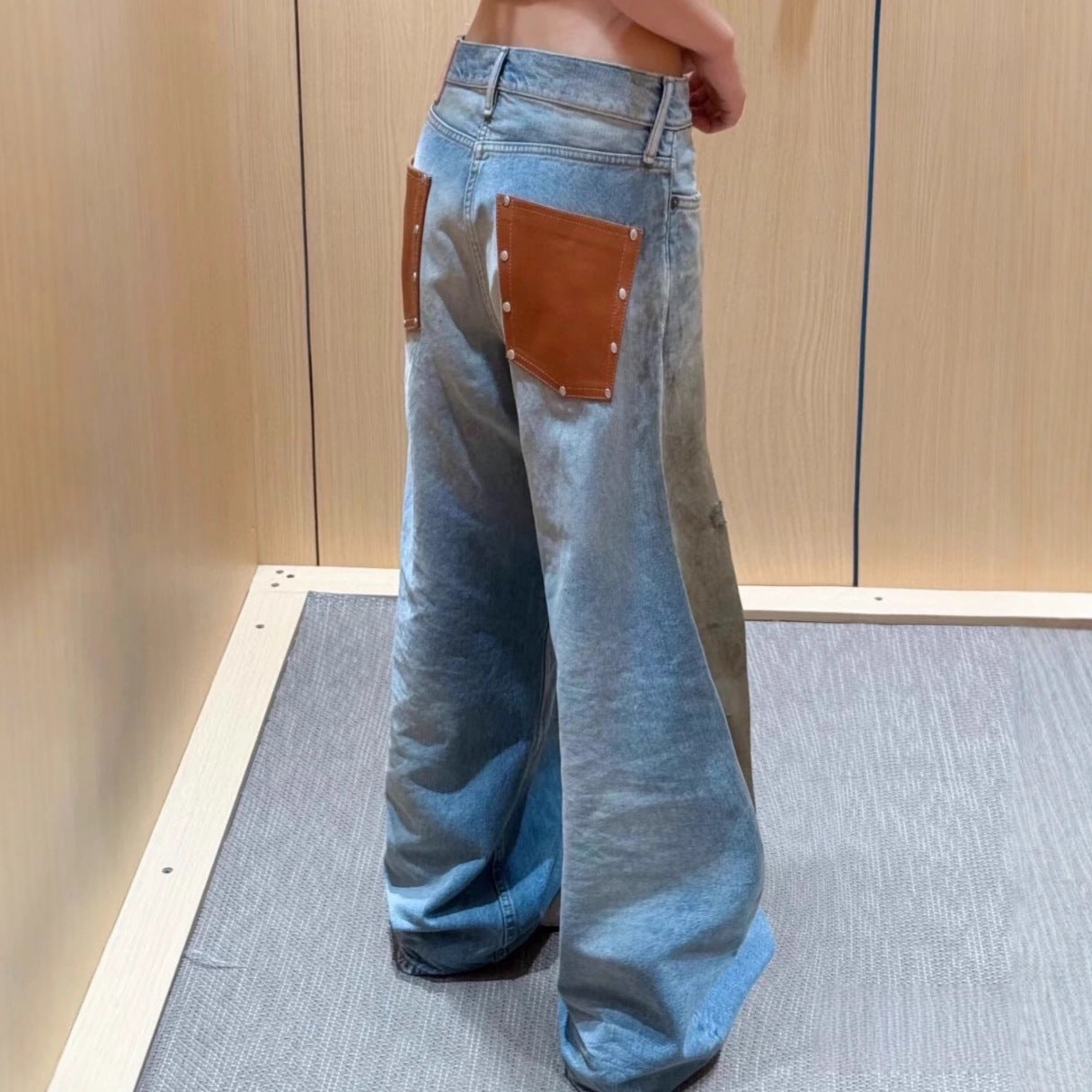 Women American Autumn Studded Patchwork Ink-Washed Denim Pant 4