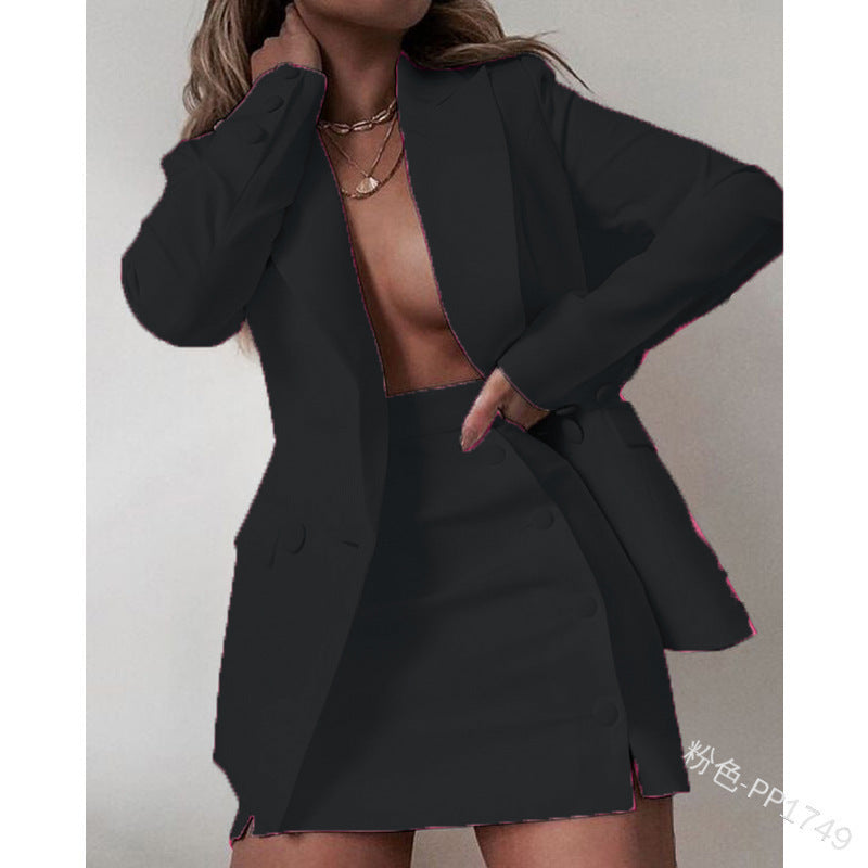 Solid Color Suit Blazer Coat Skirt Two Piece 18