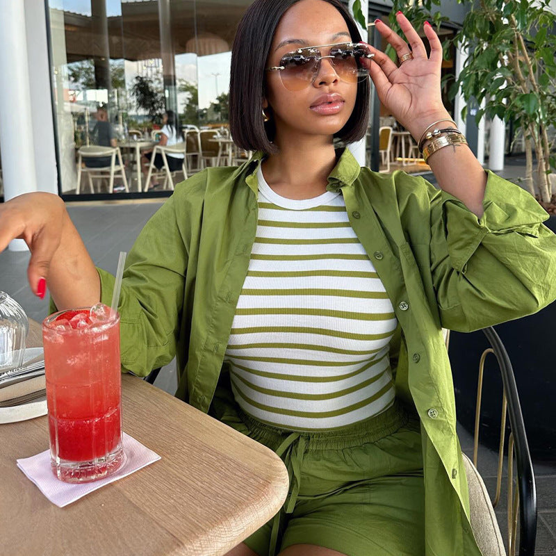 African Print Long-Sleeve Shirt Shorts Two-Piece Set