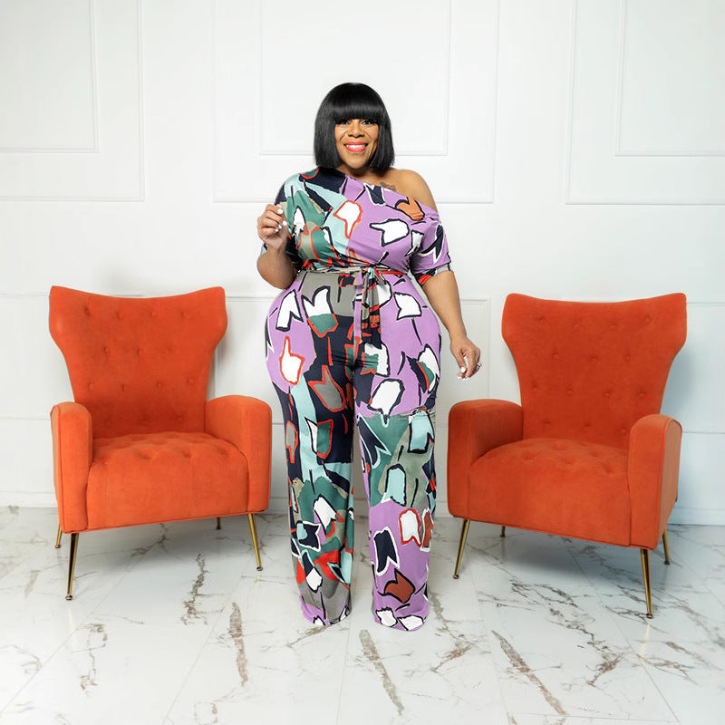 Plus Size Women summer Slash Shoulder print Jumpsuit with belt 8