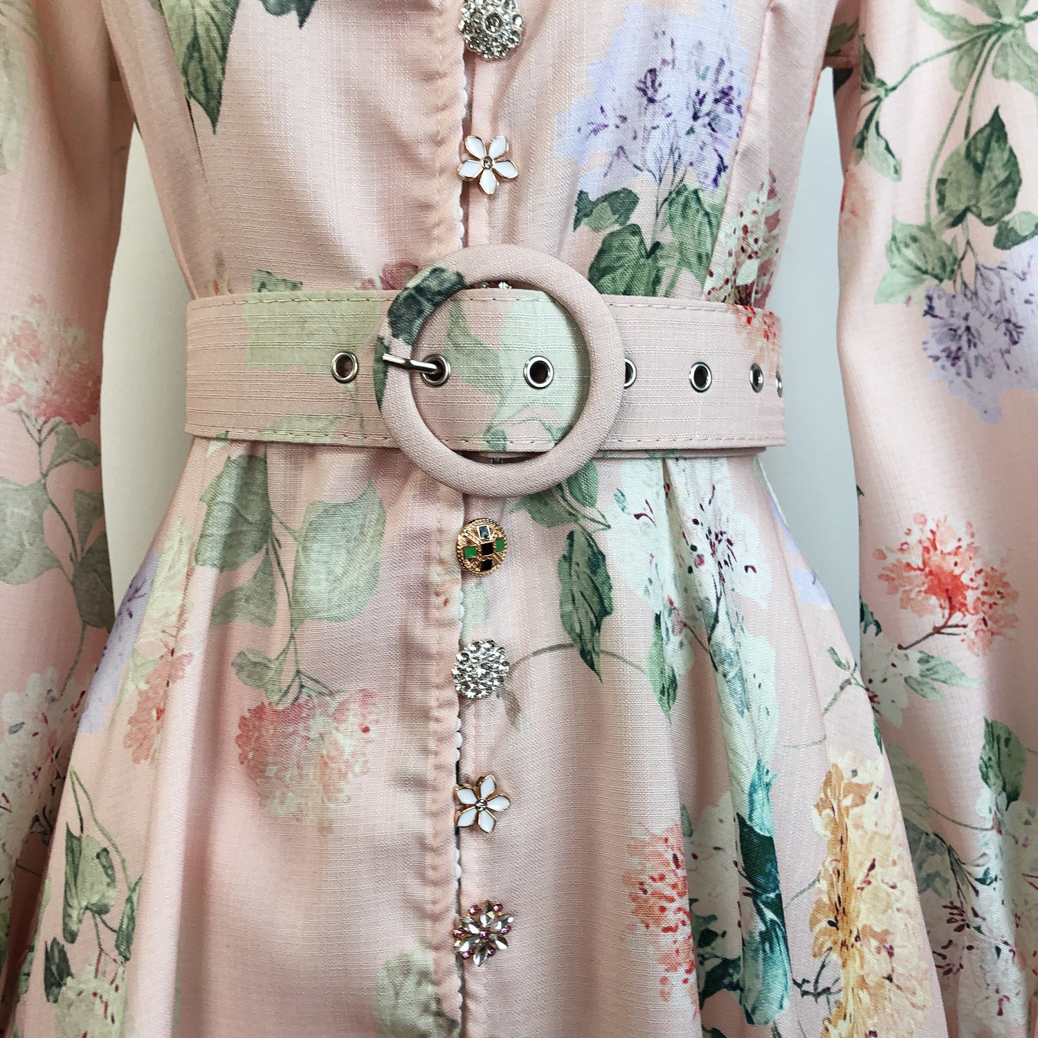 Elegant Print Row Jewelry Button Floral Lantern Sleeve Midi Dress with Belt 26