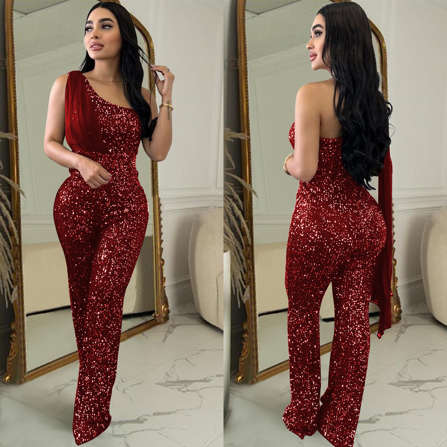 Women Solid Sleeveless One Shoulder Sequin Jumpsuit 5