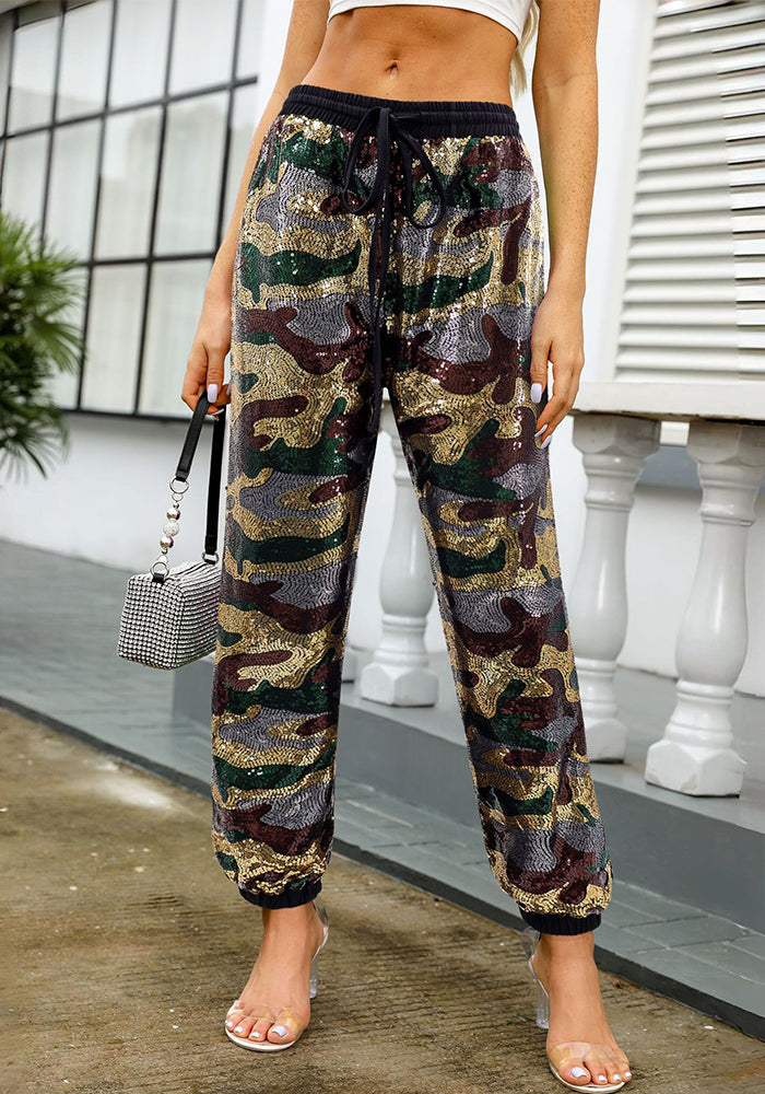 Women Camouflage Sequin Elastic Lace-Up Loose Straight Leg Cuff Pants
