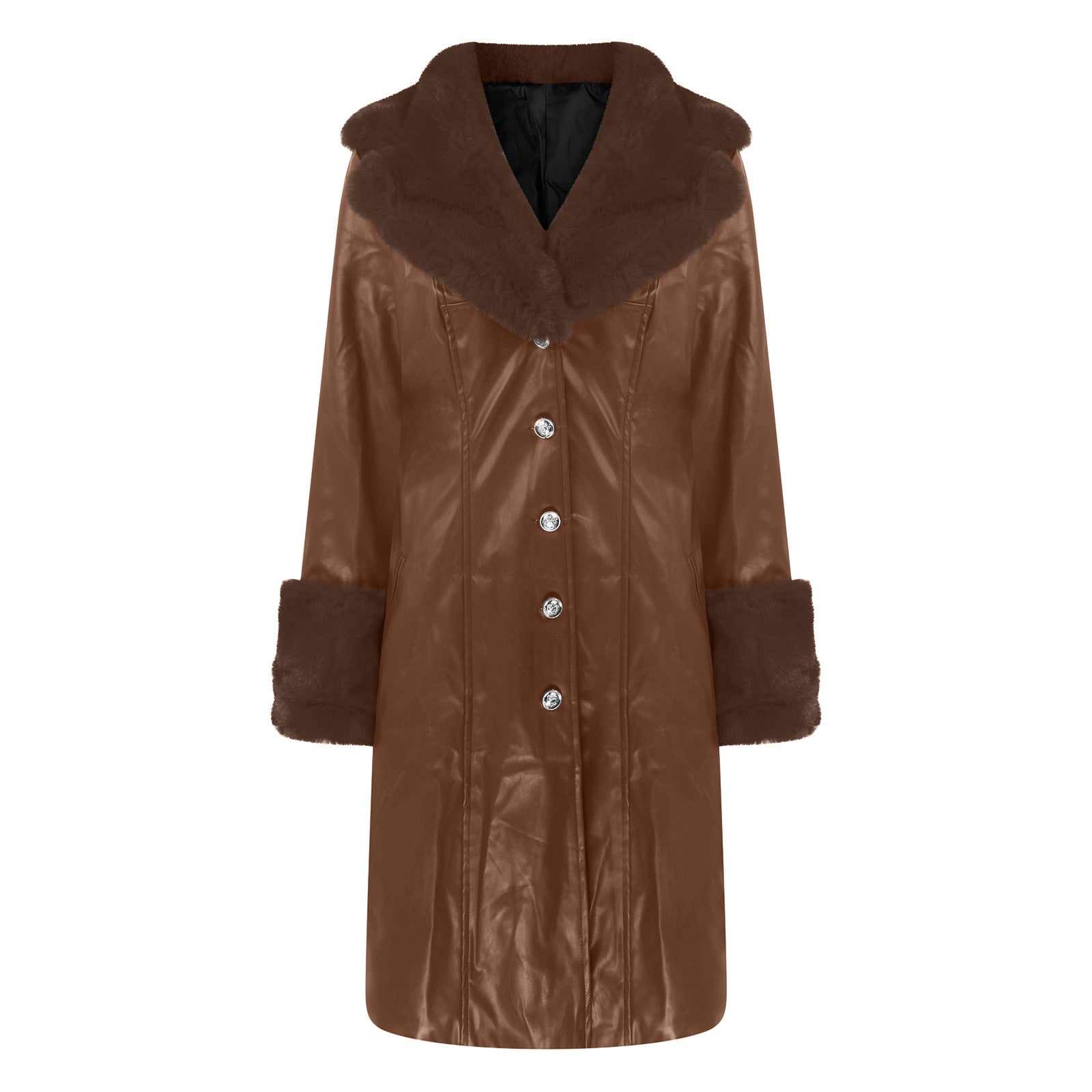 Autumn And Winter Turndown Collar Long Coat With Fur Collar Chic Zipper Women's Pu Coat 13