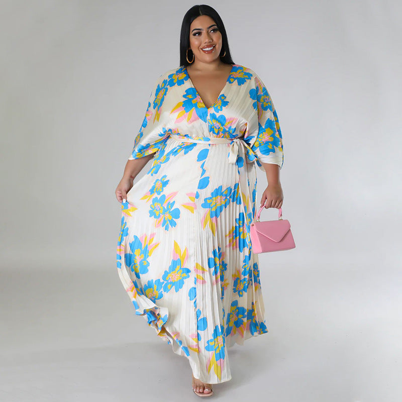 Plus Size Women's Autumn And Winter Sweet Style Loose Pleated Long Dress