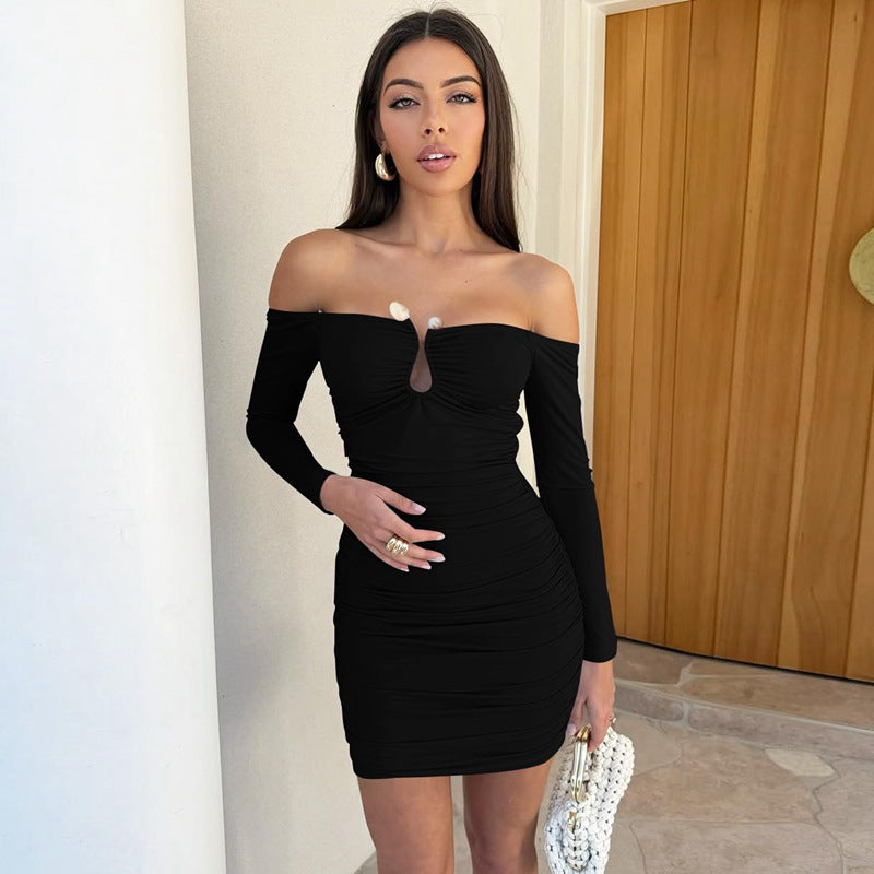 Women sexy strapless off-shoulder pleated bodycon dress 4