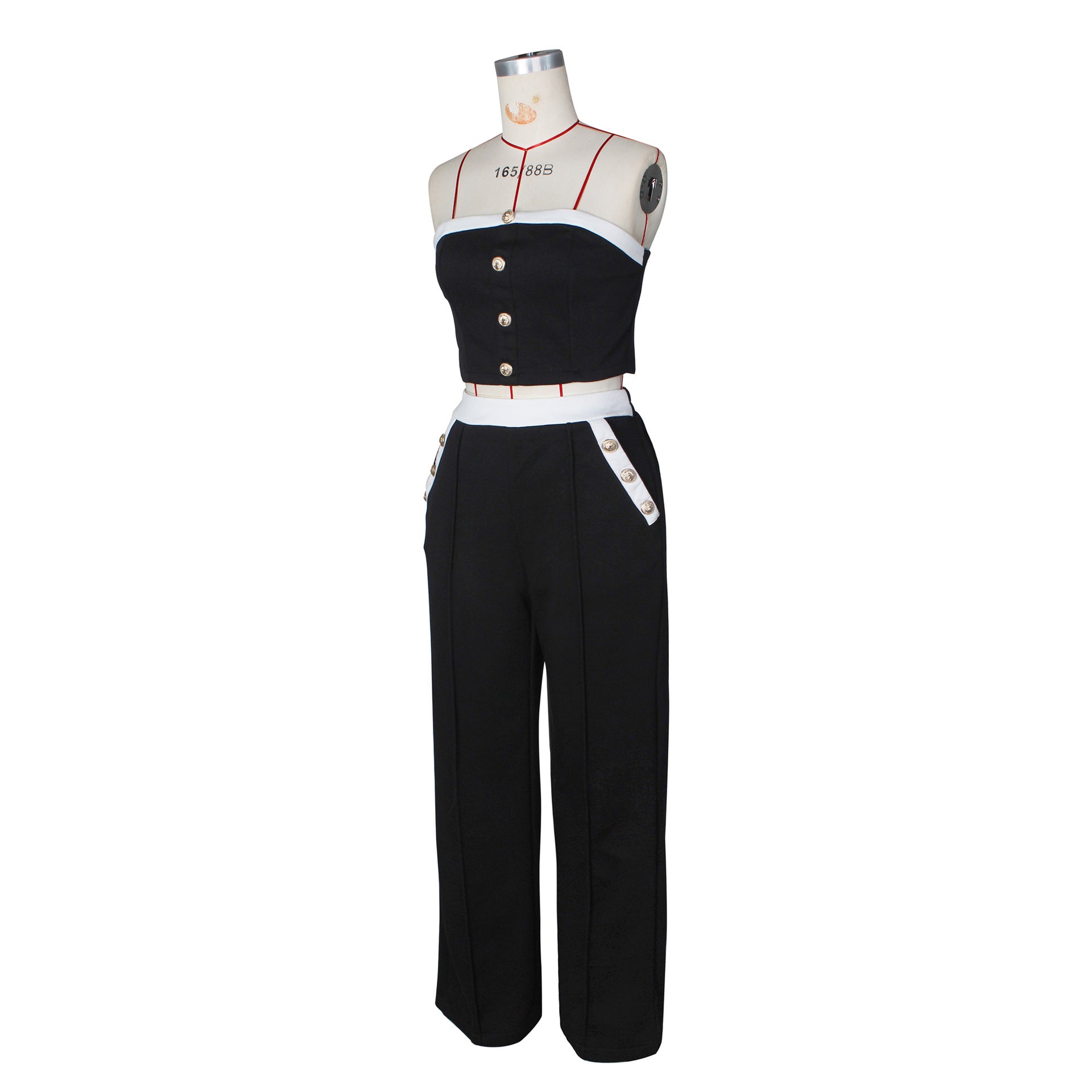 Sexy Color Blocked Decorative Button Straight High Waist Wide Leg Women's Pants Set 18