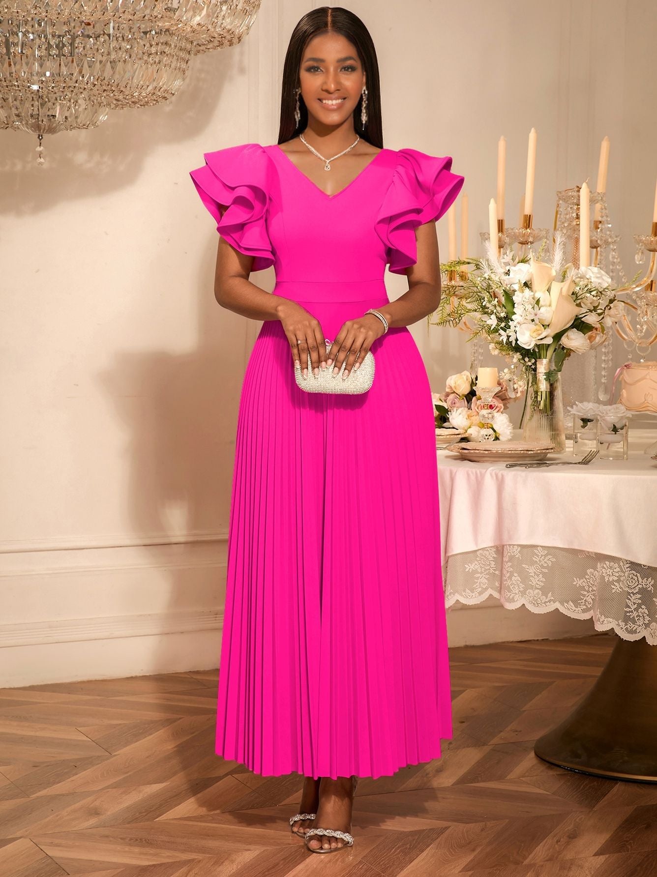 Women elegant Formal Party ruffle short sleeve V-neck pleated Dress 3