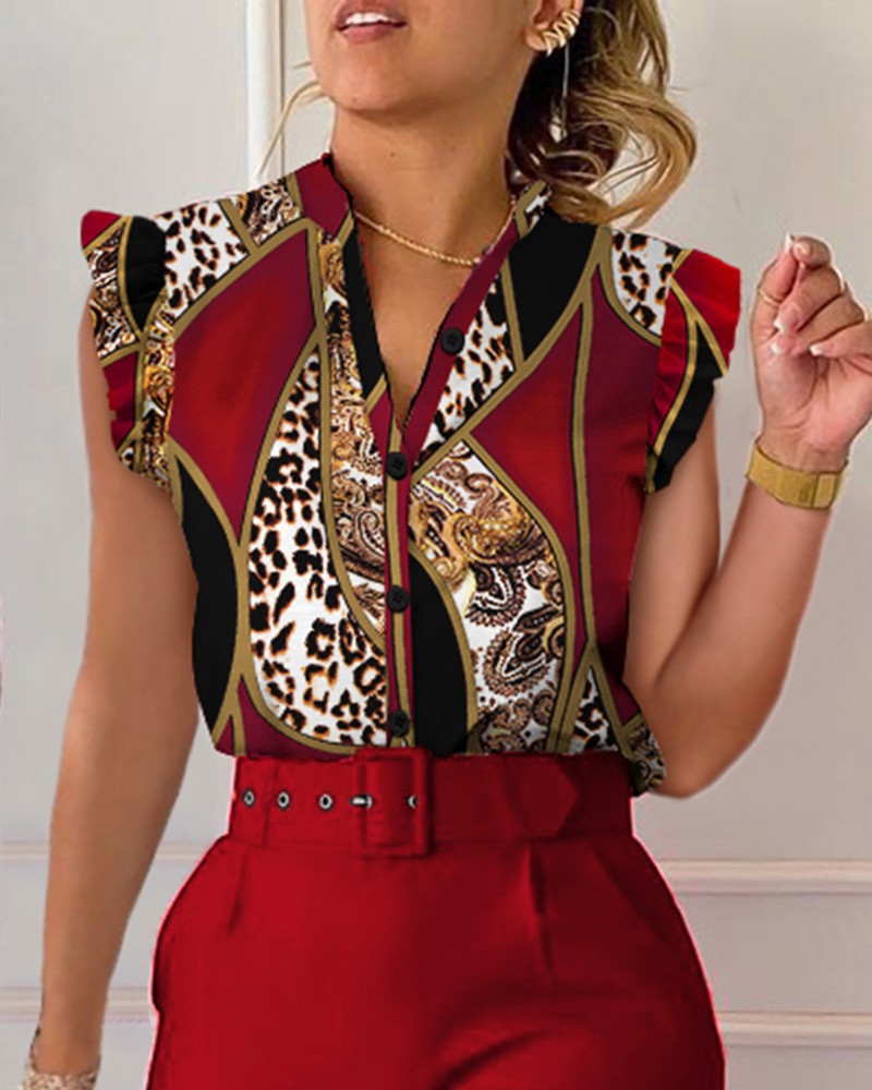 Women Summer V-Neck Button Butterfly Sleeve Printed Shirt 14