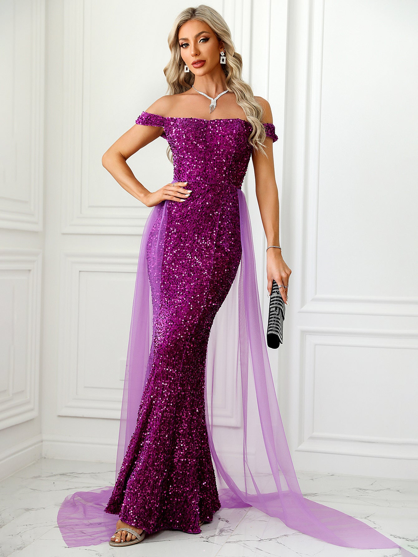 Women Off Shoulder Backless mesh Maxi Evening Dress 7