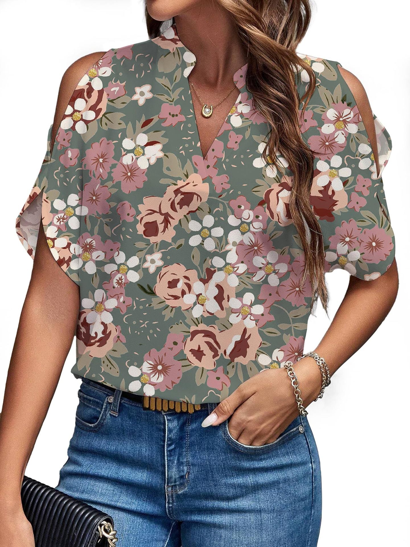 Women's Summer Solid Color V-Neck Cutout Short Sleeves Chic Fashion Women's Top 15