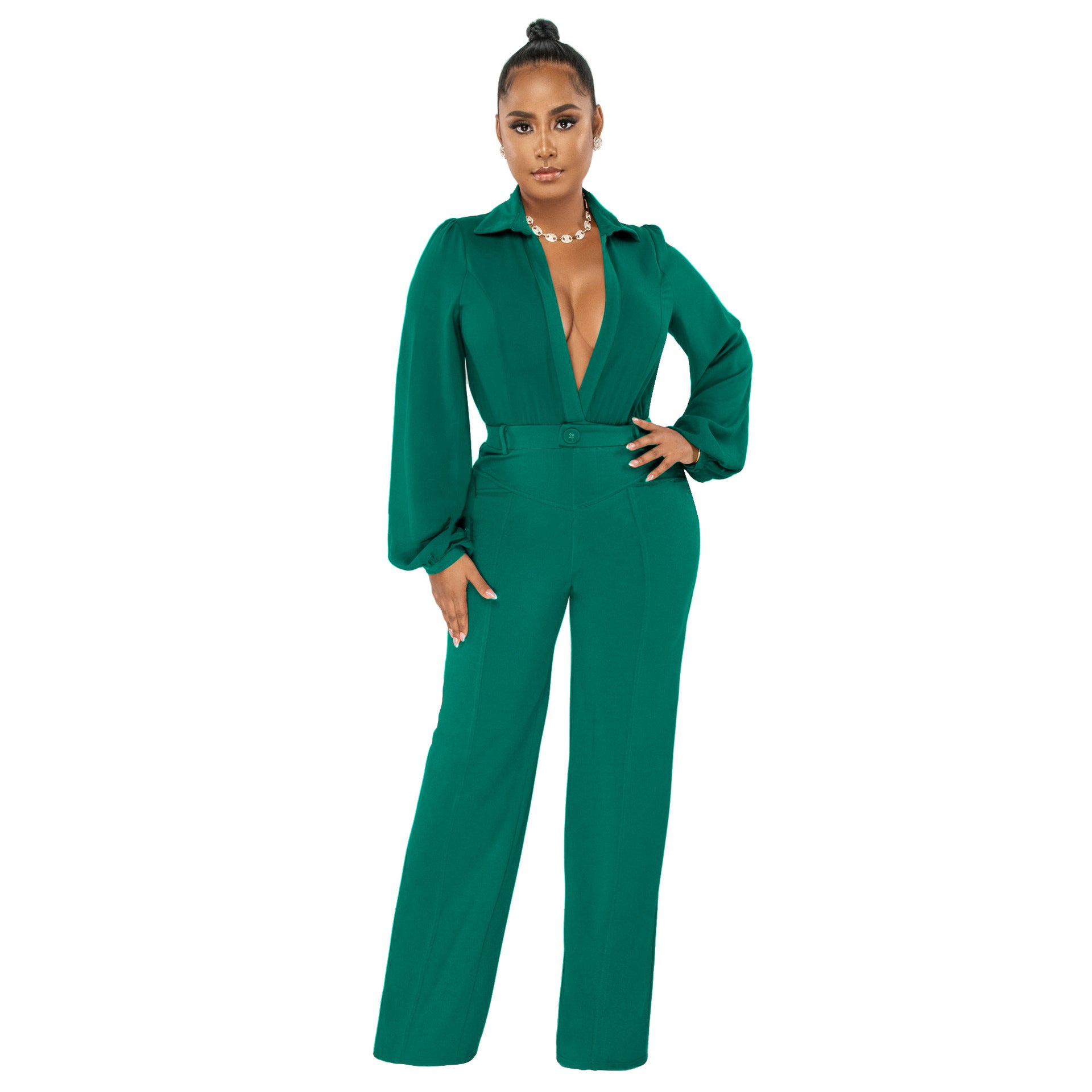 Women's Jumpsuit Sexy V-Neck Long Sleeve Tight Fitting Shirt Pants Fall Winter 4