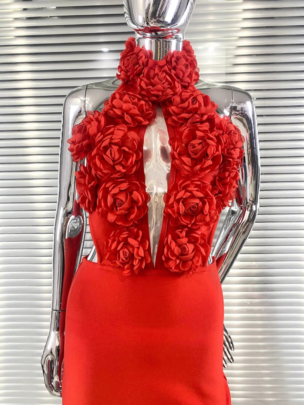 Women Floral Sexy Hollow Backless Halter Neck Red Summer Party and Holiday Bandage Dress 7