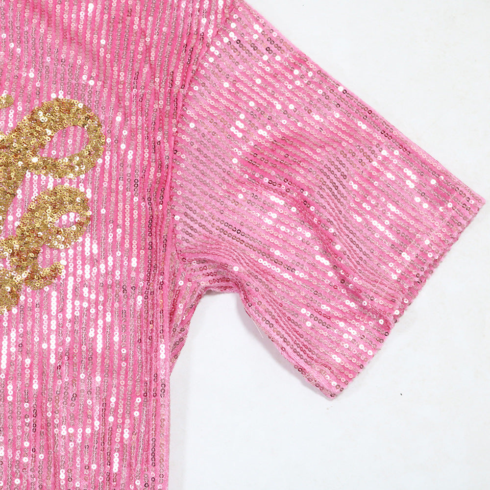 Women Fashion Round Neck Short Sleeve Sequin Tassel Casual Dress 16