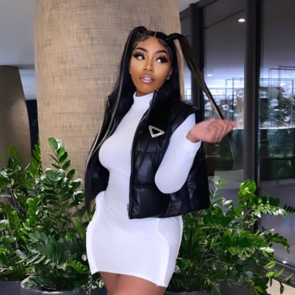 Women Winter Fashion Trend Pu Leather Cotton-Padded Vest 3