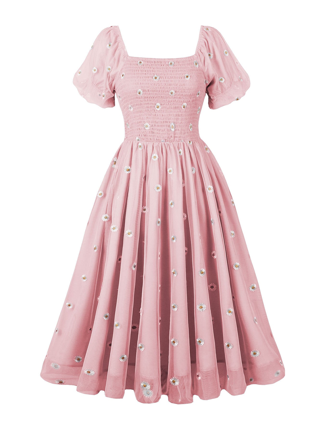 Women Casual Embroidered Square Neck Sunflower French Dress 20